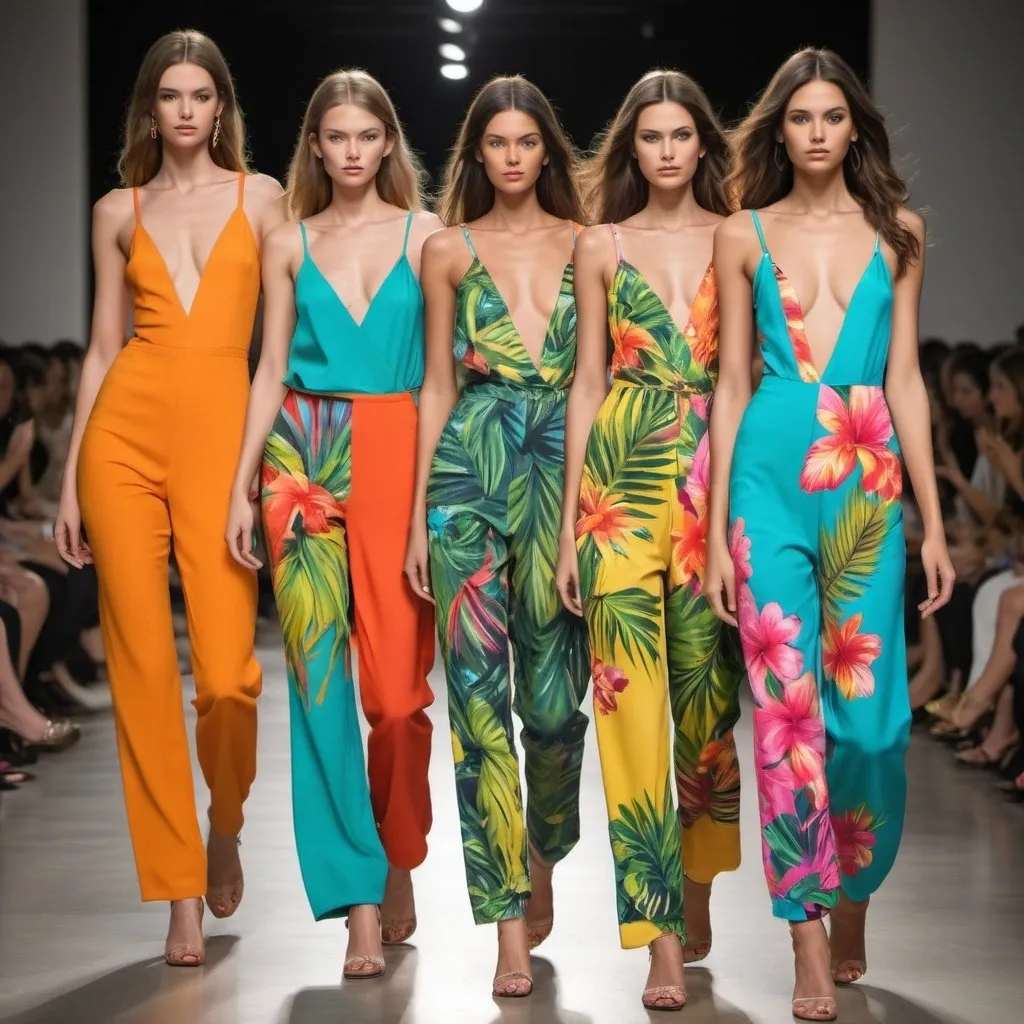 Prompt: Create an image of models in different  cotoure brightly colored jumpsuit with a tropical print. The jumpsuit should have a unique, creative cut, like asymmetrical straps or a cut-out design walking on a fashion show runway 