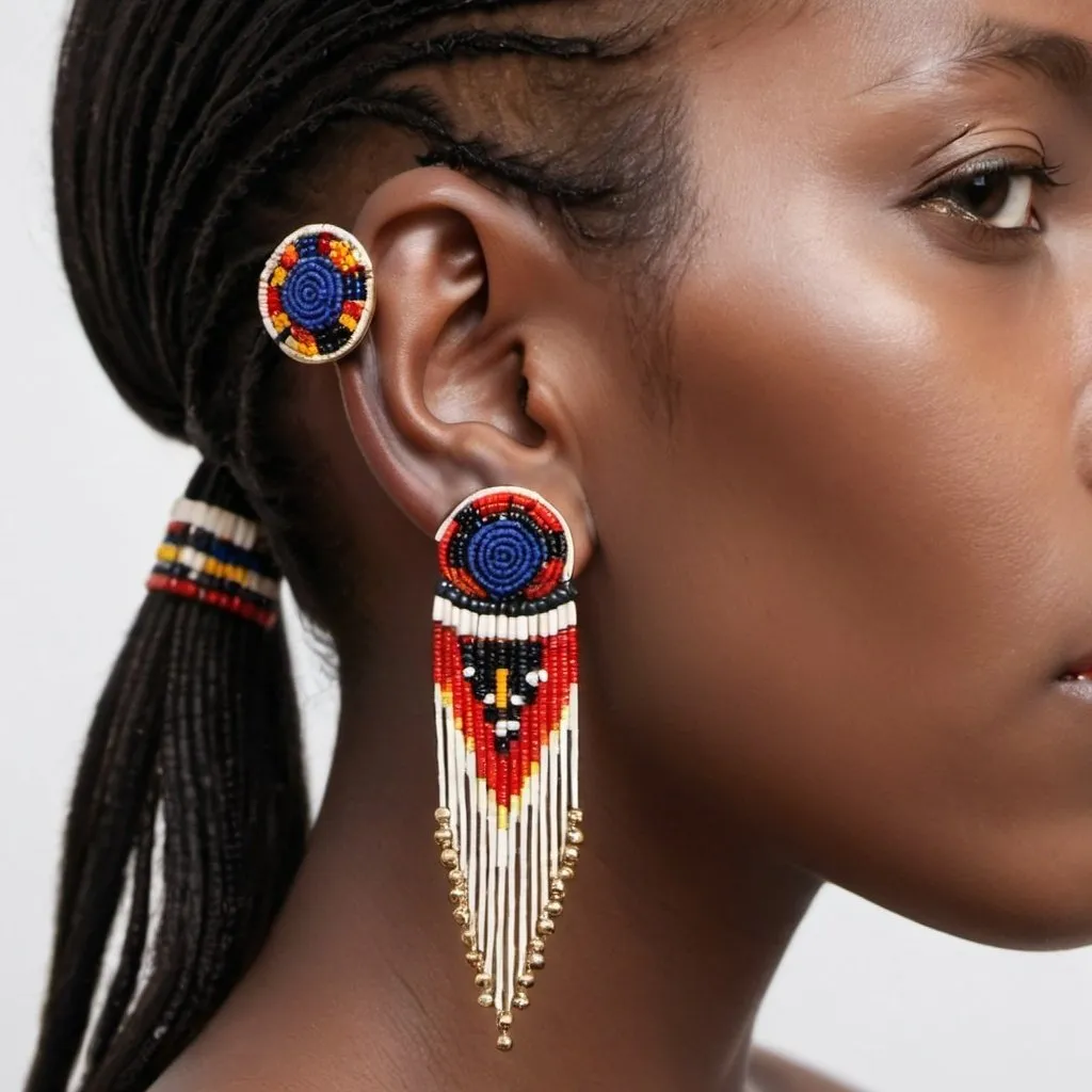 Prompt: Ear cuffs featuring Maasai bead embellishments, designed to wrap elegantly around the earlobe.
