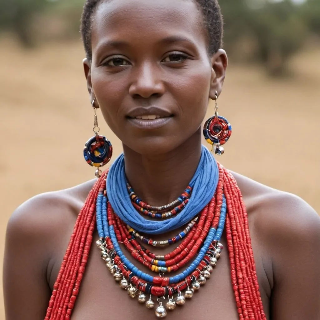 Prompt: that can be worn in multiple ways, such as earrings that can detach a part to transform into a pendant for a necklace.
Use Maasai fabric as the central element that ties different components of the jewelry together, such as beads, metals, and fabrics from other cultures for a global fusion.