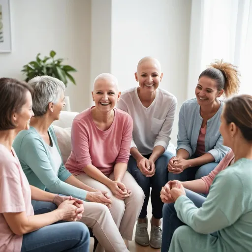 Prompt: Create a full image showing happy cancer patients  in a support group
