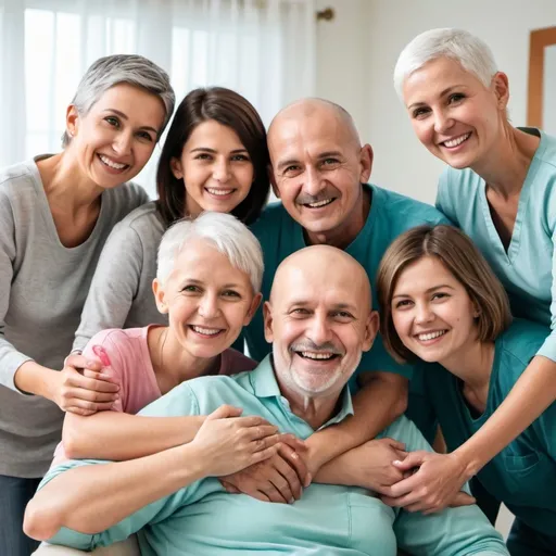 Prompt: Create a full image showing happy cancer patients with family 