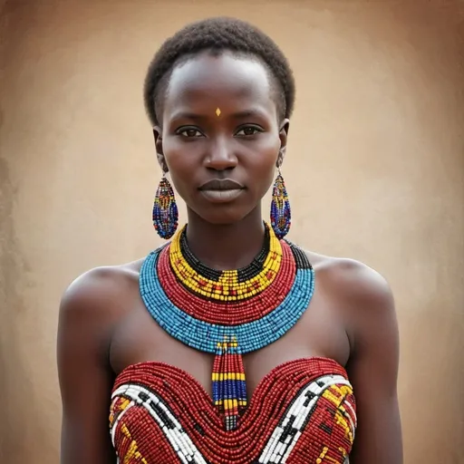 Prompt: Generate  an image of a woman dressed  in an elegant  dress made of beautiful  maasai  beads of different variation and colours incorporate with an modern elegance and creative customised art