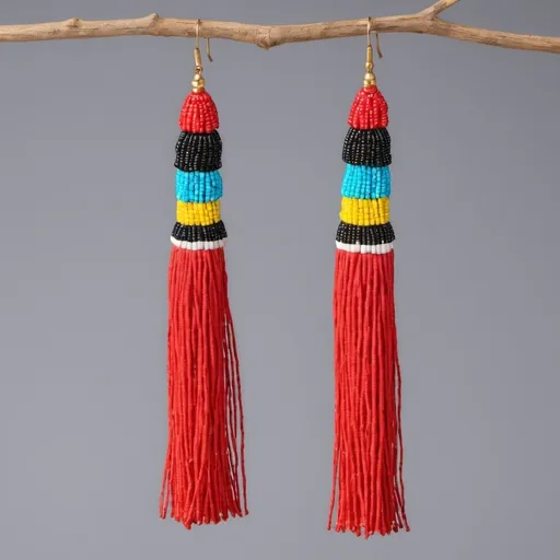 Prompt: Long tassel earrings crafted from Maasai beads, offering movement and a playful touch to formal attire.