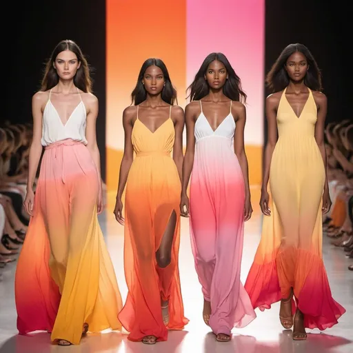 Prompt: Create an image of models in different  cotoure Outfits inspired by the colors of a summer sunset—think ombre dresses transitioning from yellow to orange to pink. The fabric should have a flowy, airy quality to mimic the look of a sunset walking on a fashion show runway 