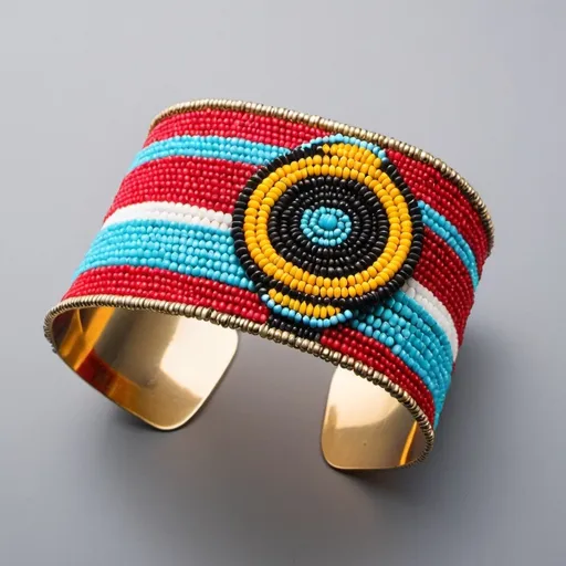 Prompt: A wide, cuff-style bracelet adorned with Maasai beadwork in a minimalist, elegant design.