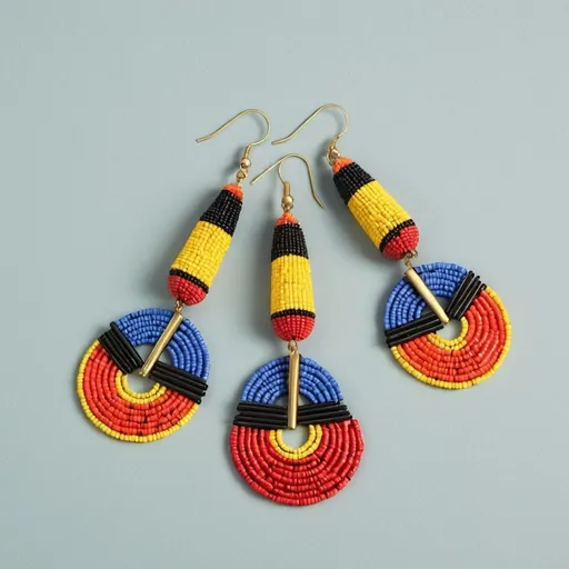 Prompt: Drop earrings featuring geometric patterns made of Maasai beads, emphasizing clean lines and bold colors.