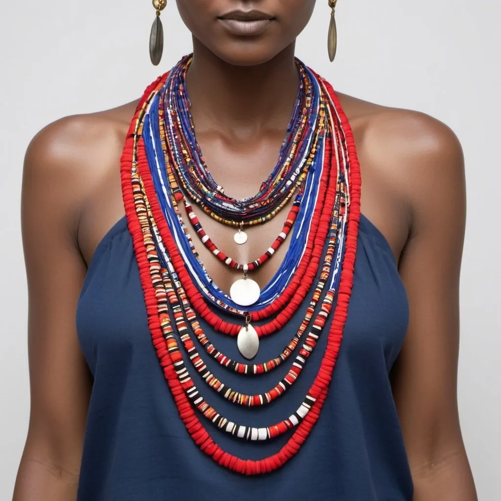 Prompt: Craft multi-layered necklaces using strips of Maasai fabric adorned with beads and cowrie shells traditionally used in Maasai jewelry.
Experiment with asymmetrical lengths and layering to create a dynamic and eye-catching look.
Integrate metal elements such as hammered metal plates or modern pendants that contrast with the colorful fabric to add a modern touch.