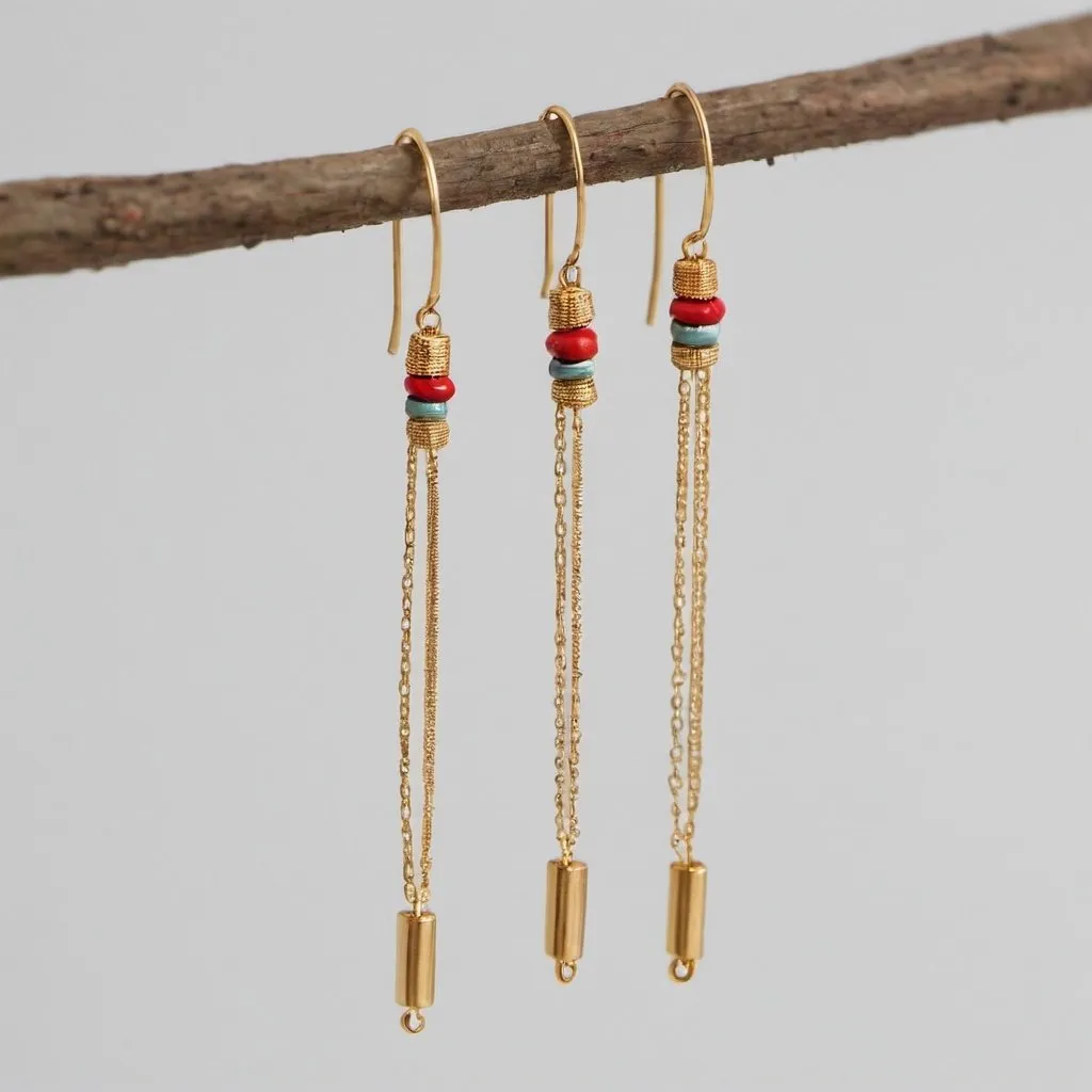 Prompt: Threader earrings with fine chains and small Maasai bead accents at the ends, providing a delicate and minimalist look.

