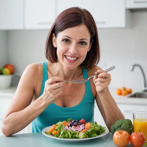 Prompt: Create an  image showing a cancer  woman eating healthy  