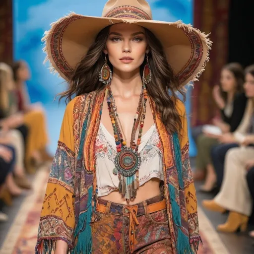 Prompt: A model in a bohemian-style outfit featuring a mix of colorful patterns and textures. Think fringe, beads, and wide-brimmed hats, all in warm, sunny hues walking on a fashion show runway 