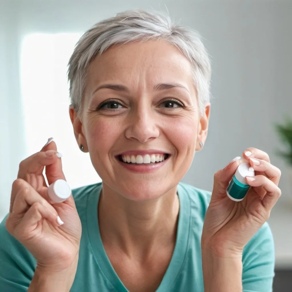 Prompt: Create an  image showing a happy cancer Survivor  woman taking medication 