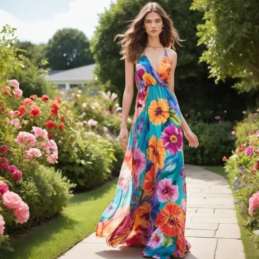 Prompt: A model wearing a floor-length maxi dress with a bold, vibrant floral print. The dress should have a flowing, ethereal quality, perfect for a summer garden party walking  on a fashion show runway.