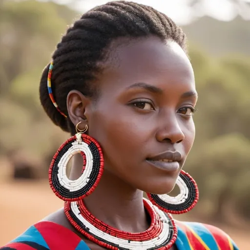 Prompt: Large hoop earrings accented with Maasai beadwork along the outer edge, blending traditional craftsmanship with contemporary silhouette.