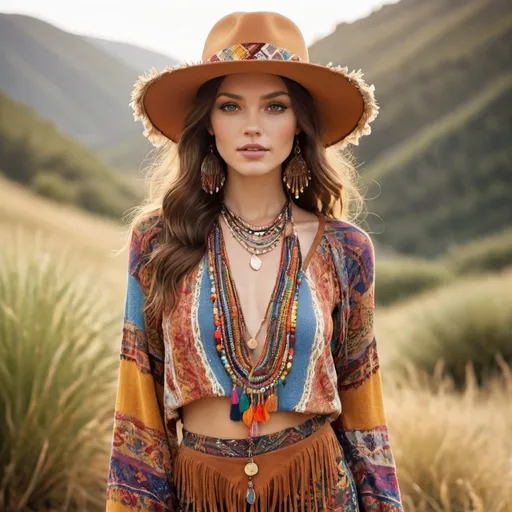 Prompt: A model in a bohemian-style outfit featuring a mix of colorful patterns and textures. Think fringe, beads, and wide-brimmed hats, all in warm, sunny hues.