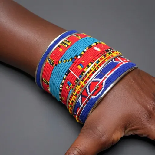 Prompt: Design cuff bracelets using Maasai fabric wrapped around a metal base, ensuring a snug fit that highlights the vibrant colors and patterns.
