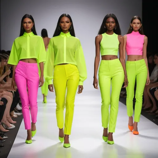Prompt: Create an image of models in cotoure artistic expression different  collection featuring outfits in highlighter hues—neon yellow, pink, green, and orange. The designs should be modern and sleek, with clean lines and minimalistic cuts, making the colors stand out even more walking on a fashion show runway 