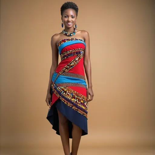 Prompt: Design a cocktail dress with an asymmetric hemline using layers of Maasai fabric, allowing different patterns and colors to peek through.
Embellish the dress with asymmetrical Maasai beadwork along the neckline or hem for a dynamic and eye-catching effect.
Opt for a modern, tailored fit to complement the traditional fabric and jewelry elements, ensuring a blend of elegance and cultural richness.