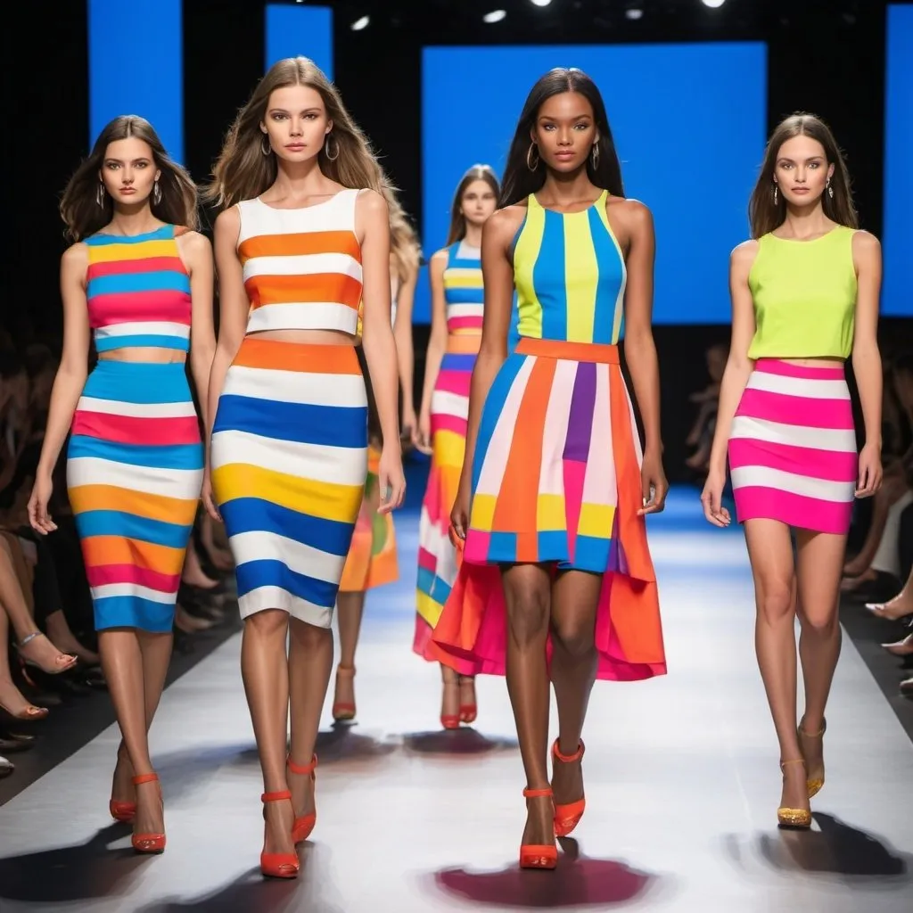 Prompt: Create an image of models in different cotoure  collection featuring dresses, skirts, and tops with bold, bright stripes. The colors could range from neon to primary hues, creating a visually striking effect walking on a fashion show runway runway 
