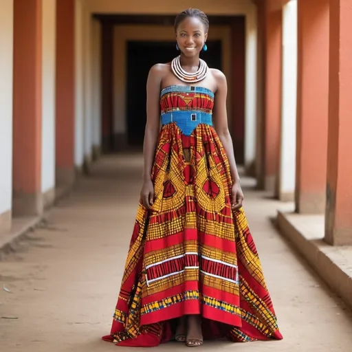 Prompt: Create a flowing maxi dress using traditional Maasai shuka fabric for the skirt, ensuring vibrant colors and bold patterns.
Design a fitted bodice adorned with intricate Maasai beadwork, perhaps in geometric patterns or depicting cultural symbols, for a striking contrast against the fabric.
Incorporate modern elements like a structured silhouette or contemporary neckline to balance the traditional fabric and beadwork with modern fashion sensibilities.