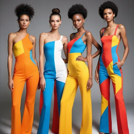 Prompt: Create an image of models in different  cotoure brightly colored jumpsuit with a 3D artisticexpression. The jumpsuit should have a unique, creative cut, like asymmetrical straps or a cut-out design walking on a fashion show runway 