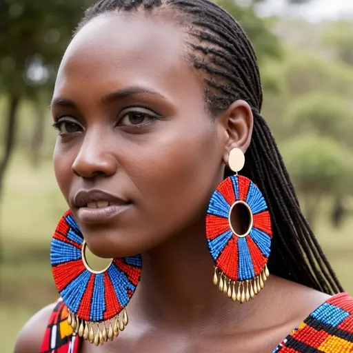Prompt: Design oversized hoop earrings or chandelier-style earrings using vibrant Maasai shuka fabric.
Incorporate traditional Maasai beadwork into the earrings, either as a fringe or as intricate patterns embedded within the fabric.
Combine with modern elements like geometric metal shapes or minimalist settings to create a fusion of tradition and contemporary design