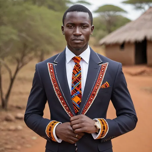 Prompt: A tailored jacket with subtle Maasai bead accents on lapels or cuffs, creating a sophisticated look that merges tradition with modernity