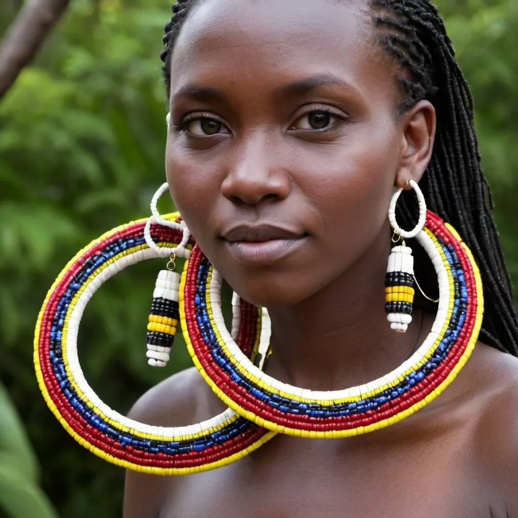 Prompt: .Make large hoop earrings using a wrapping technique with Maasai beads. Choose bold colors and a thick hoop to make a statement.
