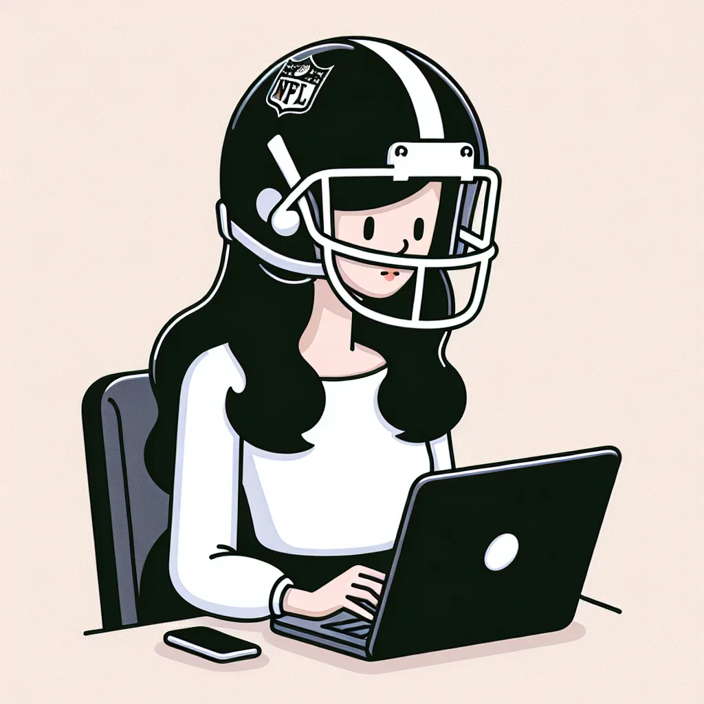 Prompt: Create an image of an account management professional who is participating in an American football fantasy draft. She is a white girl with black hair. She's also wearing a football helmet
