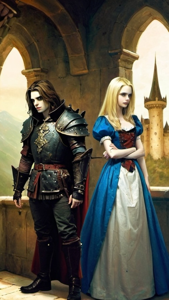 Prompt: Jasper and Alice in a castle. Inspired by twilight
