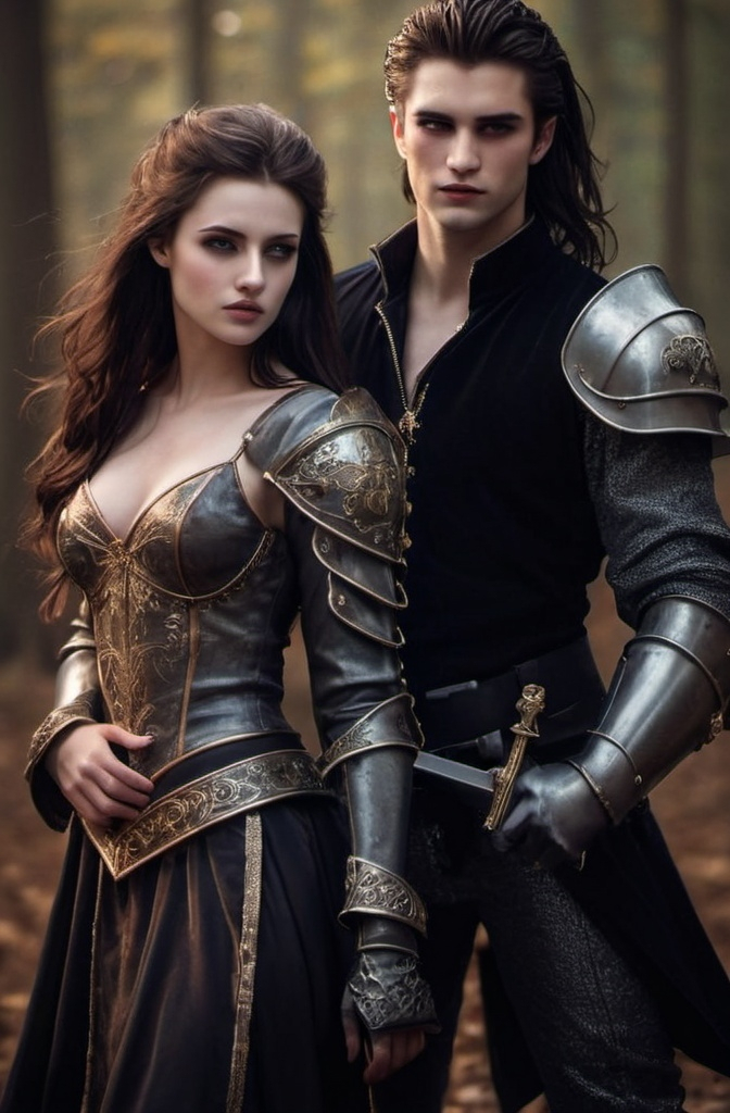 Prompt: Glamour photography of bella and edeard from twilight, but they're knights
