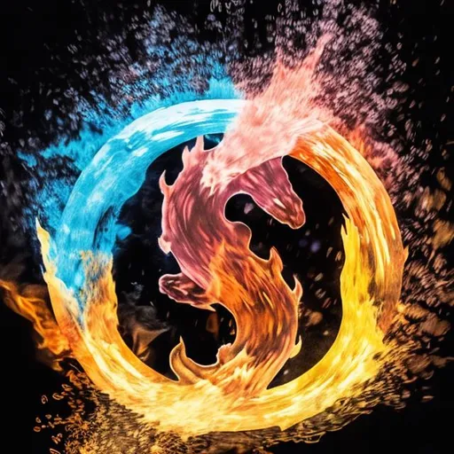 Prompt: Water and fire moving around together in a circle 