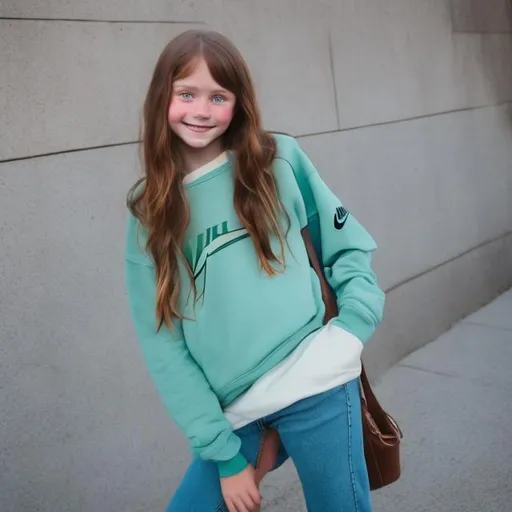 Prompt: A cute girl with brown hair and green eyes with a few freckles on her face the girl looks around 11 years old she is wearing a Nike sweatshirt with light blue jeans and Nike shoes the girl also has a beautiful smile.