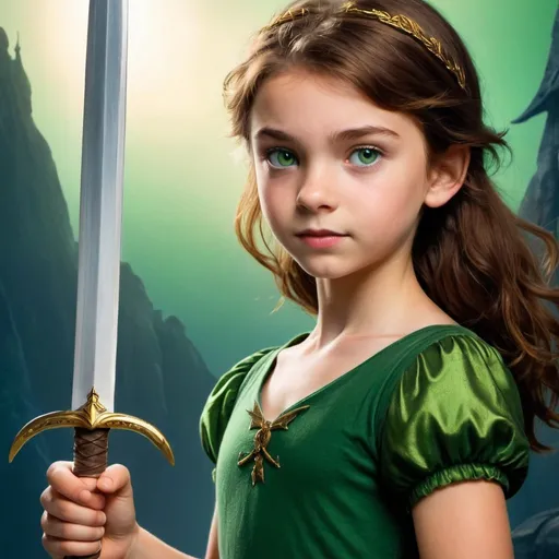 Prompt: A girl that has brown hair and green eyes that is standing right next to Peter Pan the girl is also holding a sword