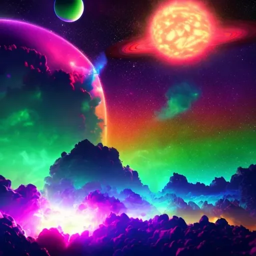 Prompt: Neon Planets and Neon Galaxy  with Rainbow clouds that have rain coming out of them with rainbow lasers Ultra-Realistic