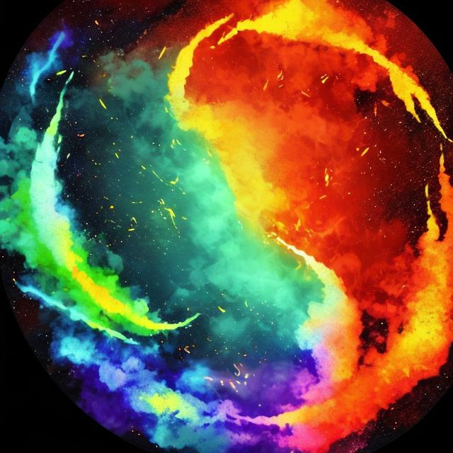 Prompt: water and fire moving around in a circle together there will be a galaxy in the background the galaxy will also be rainbow colored and there will also be a rainbow in front of the water and fire.