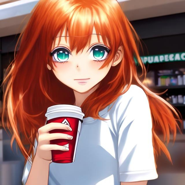 Prompt: A anime girl that has red hair the girl also has blue eyes and is drink Starbucks