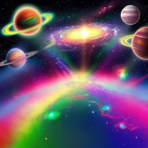 Prompt: Rainbow galaxy with neon clouds and neon planets and rainbows lasers coming off of the planets 