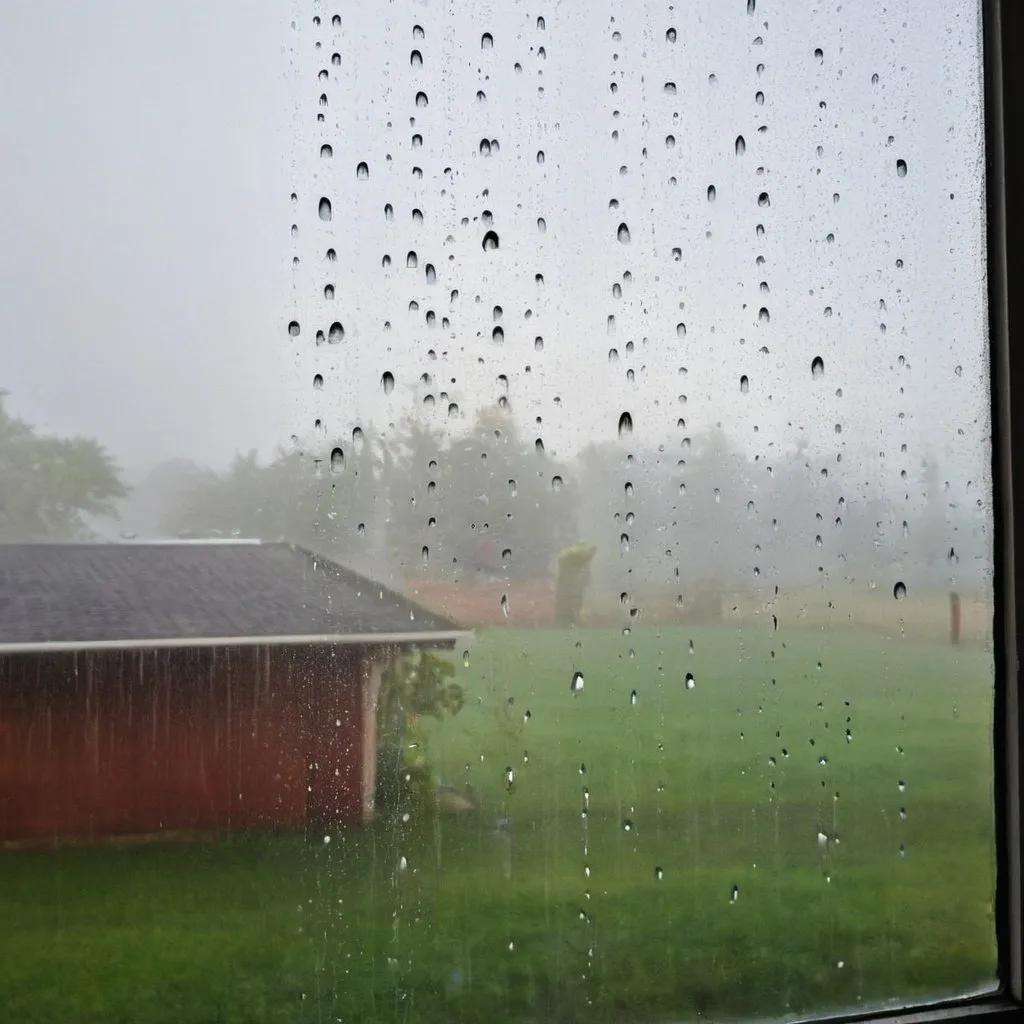 Prompt: A foggy window that has raindrops on it and very faint through the window you can see a rainbow remember the rainbow has to be faint  because of the foggy window and the rain droplets on the window