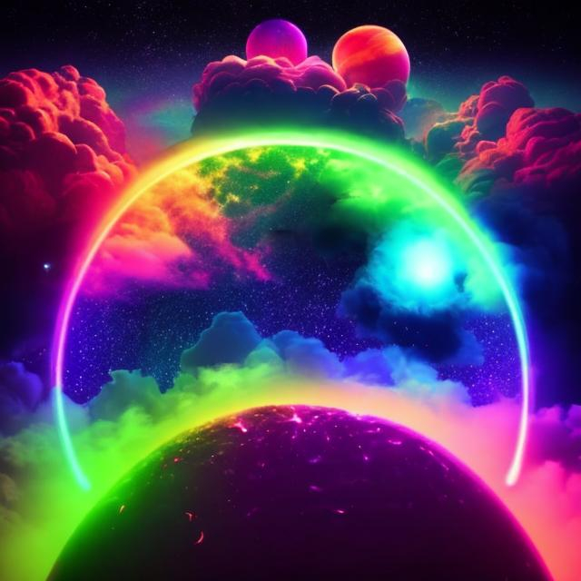 Prompt: Neon Planets and Neon Galaxy  with Rainbow clouds that have rain coming out of them with rainbow lasers Ultra-Realistic