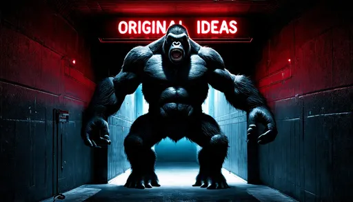 Prompt: a high security vault at the end of a tunnel, above it is a red neon sign that reads "ORIGINAL IDEAS", it is guarded by a giant monster from the id that looks like Kong Kong, photoreal, chiaroscuro, high contrast, in the style of a black and white horror 50s noir film