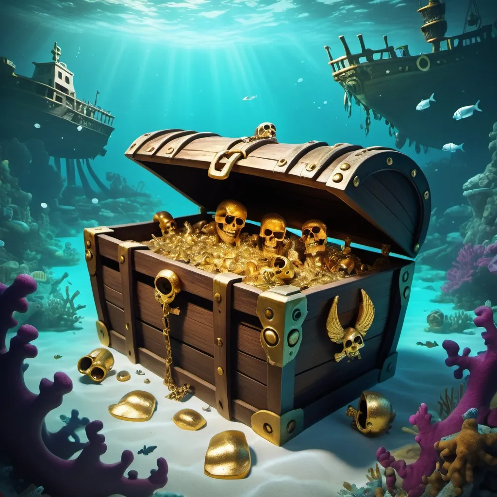 Prompt: A Pirate Shipwreck submerged beneath clear waters. Find the pirate skeleton. Count the gold dabloons. Walk the plank. Discover the treasure chest.