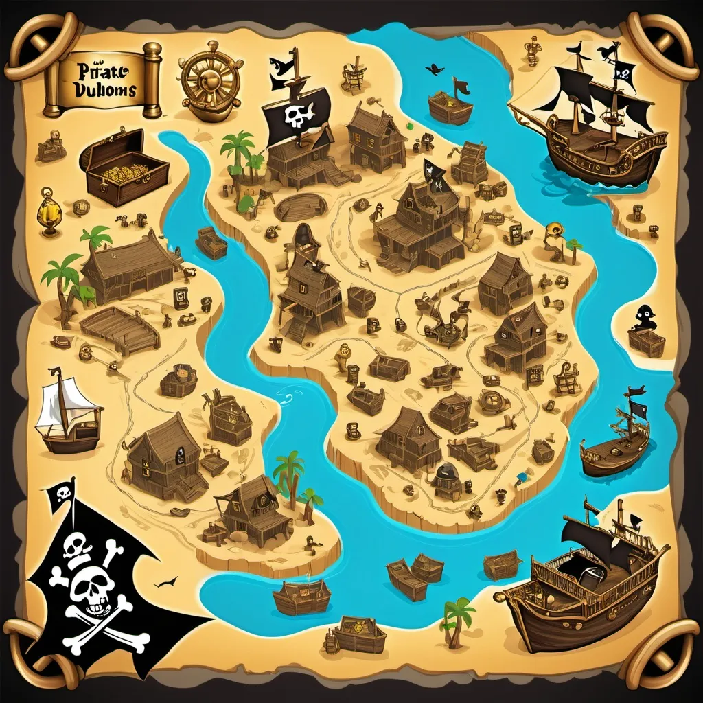 Prompt: A Pirate map with multiple stops. Find the pirate skeleton, see the gold dubloons. Walk the plank. Find the treasure!