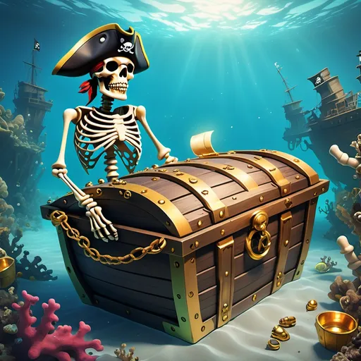 Prompt: A Pirate Shipwreck submerged beneath clear waters. Find the pirate skeleton. Count the gold dabloons. Walk the plank. Discover the treasure chest.