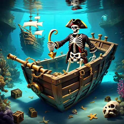 Prompt: A Pirate Shipwreck submerged beneath clear waters. Find the pirate skeleton. Count the gold dabloons. Walk the plank. Discover the treasure chest.