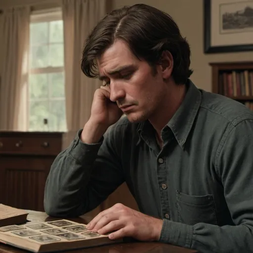 Prompt: A close-up of Charley lost in thought, with a stamp album in front of him, symbolizing his connection to the past from chapter " the third level"