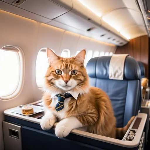 Prompt: a cat in first class on a air plane