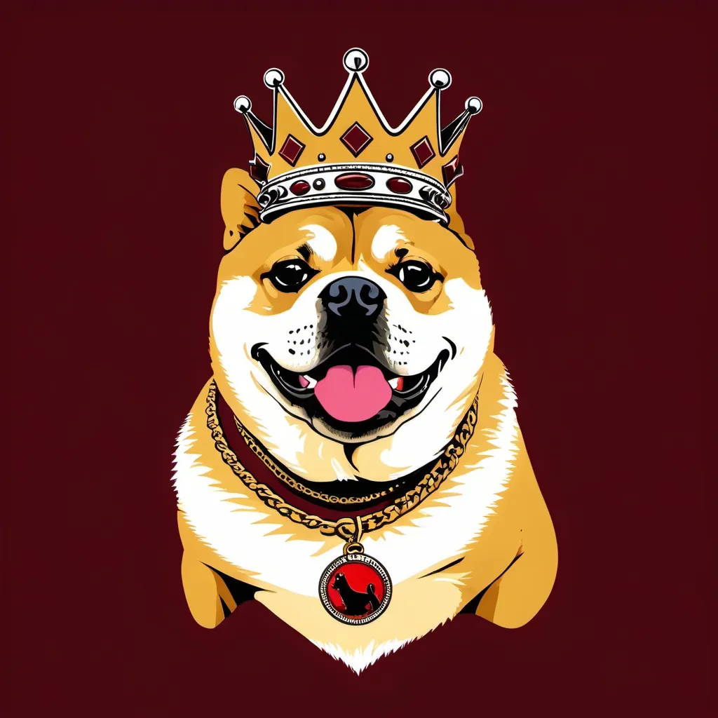 Prompt: doge as the notorious big crown dark red background