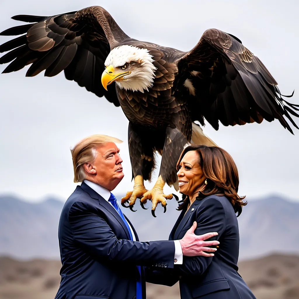 Prompt: Donald trump and Kamala Harris both being carried by a bald eagle