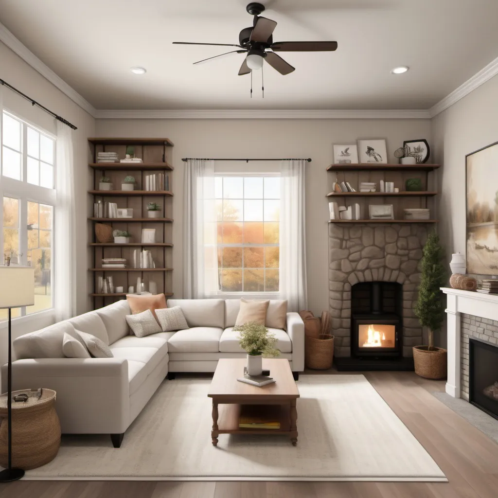 Prompt: Create an image of a living room with interior design included that is 20 ft x 20 ft with 7 ft ceilings, a window on two of the adjacent walls, that is very cottage theme, neutral walls, book shelves on one wall, sectional couch that FACES a wall with a fire place, include a front door that leads to a cute walkway area with a side table/mirror decor



