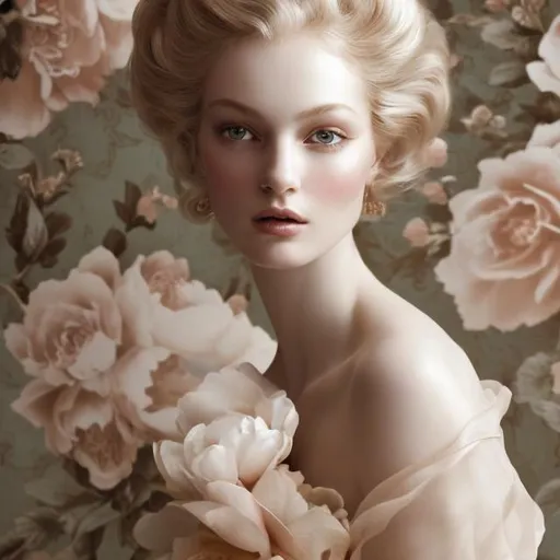 Prompt: A stunningly beautiful woman, her flawless porcelain skin gleaming in the soft, diffused light of a sunlit room, framed by a backdrop of elegant floral wallpaper in shades of blush and gold, gentle and ethereal atmosphere, with a touch of vintage elegance, shot by the renowned fashion photographer Mario Testino.